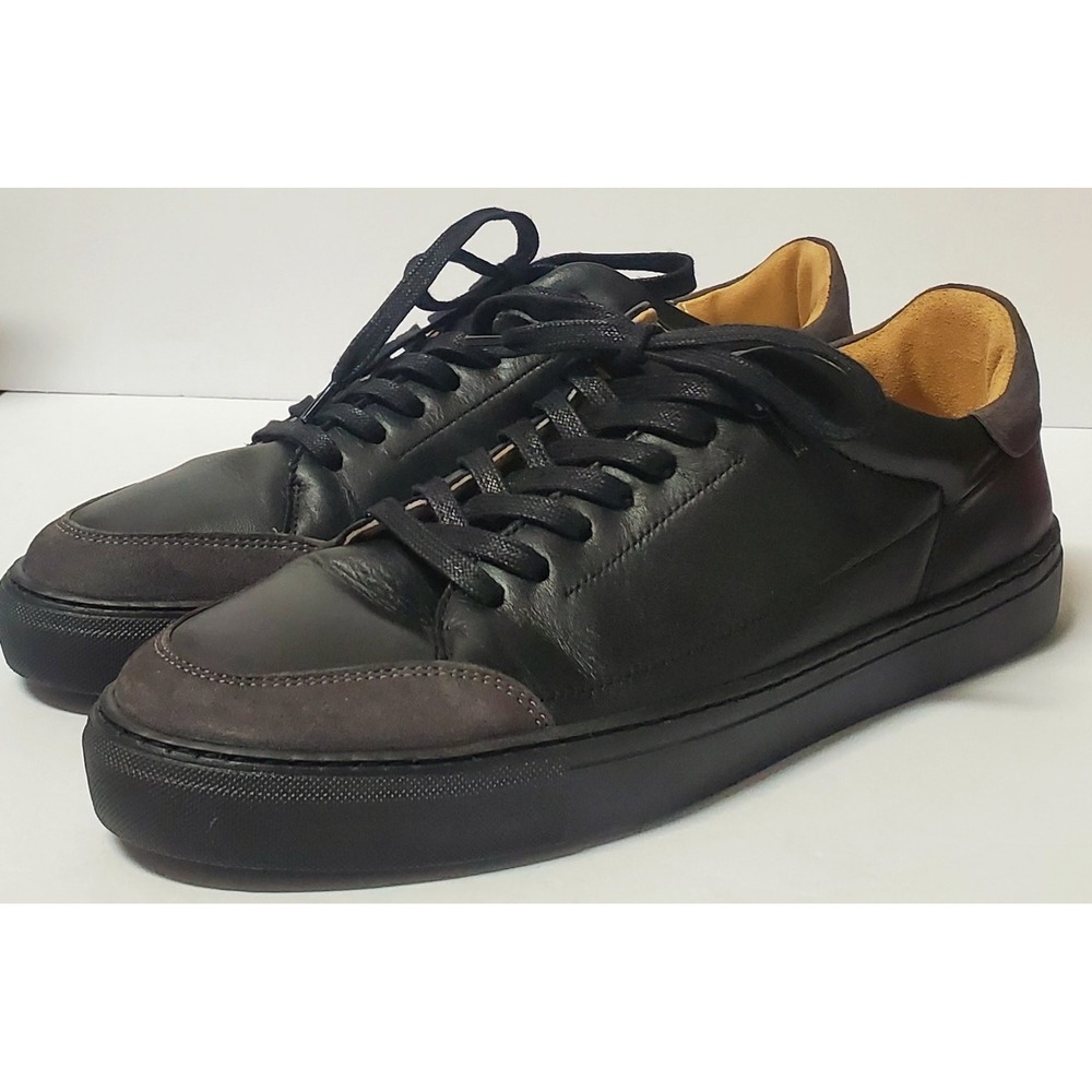 Hirundo Black Leather Sneakers 12-12.5 Men's Monochrome Suede Accents Heel Logo